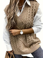 Women's Solid Color V-Neck Vest Polyester Knit Spring Sweater Cardigan