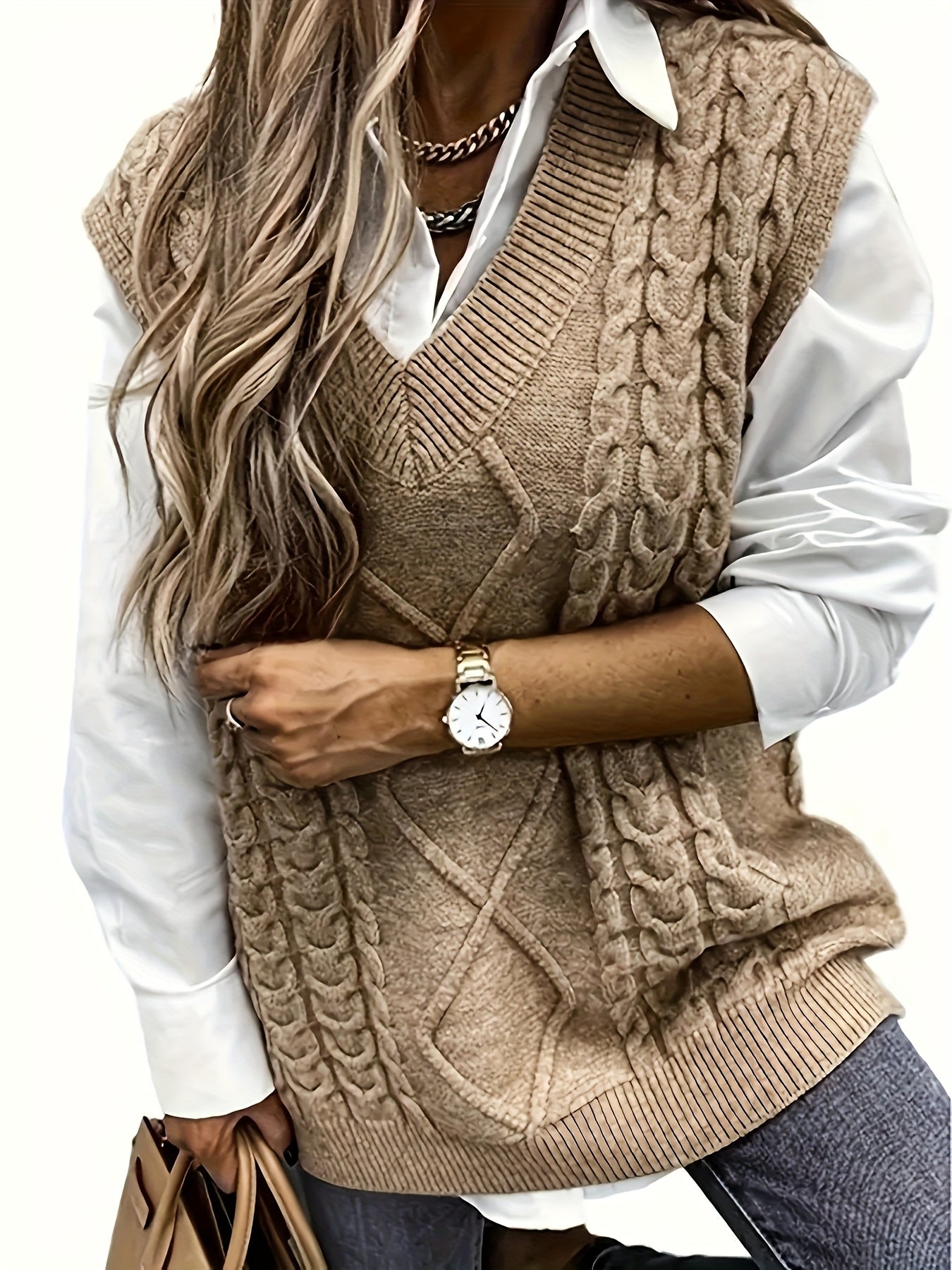 Women's Solid Color V-Neck Vest Polyester Knit Spring Sweater Cardigan