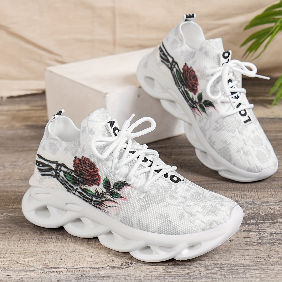 Zapatillas de plataforma con patrón de flores para mujer, transpirables, de punto, con cordones, para exteriores