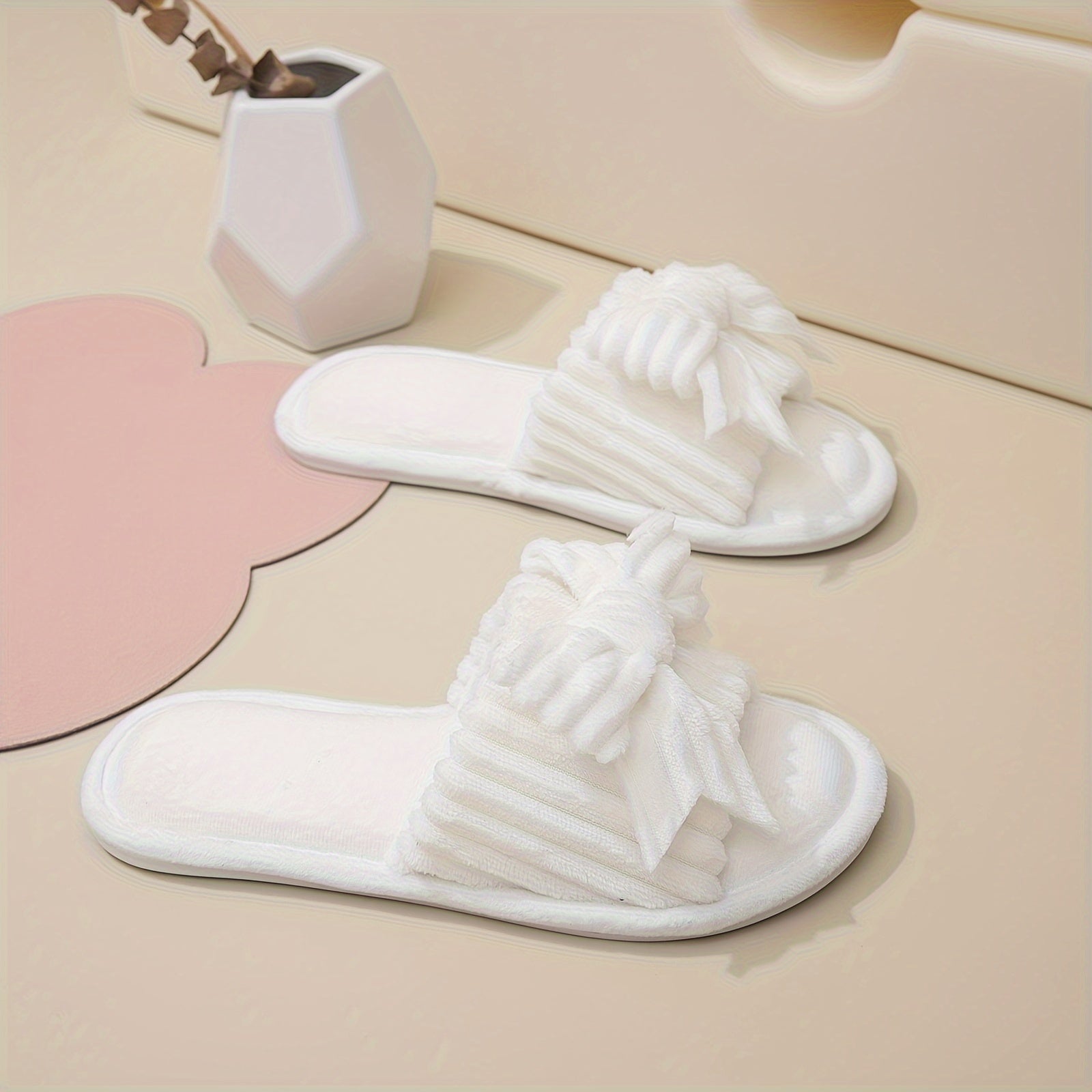 Women's Solid Color Bowknot Plush Slippers Open Toe Indoor Shoes
