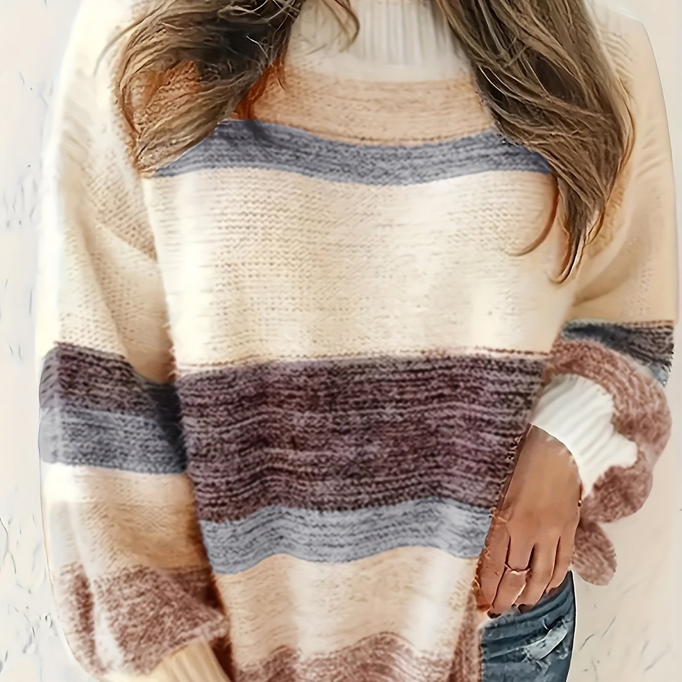 Plus Size Color Block Striped Crew Neck Sweater for Women Long Sleeve Fall Winter