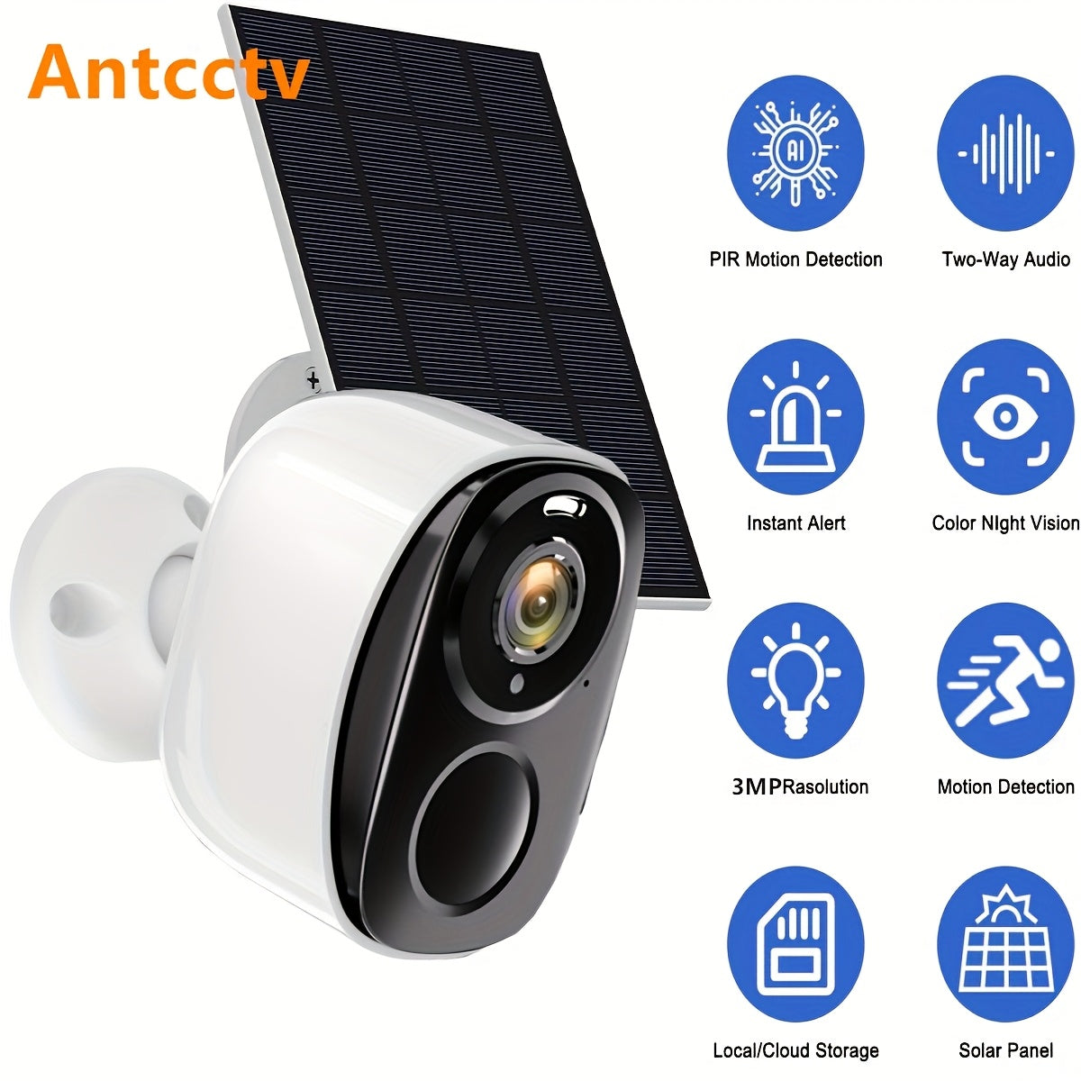 Wireless Outdoor Security Camera 3MP FHD Night Vision Spotlight Battery Solar Wi-Fi Two-Way Audio