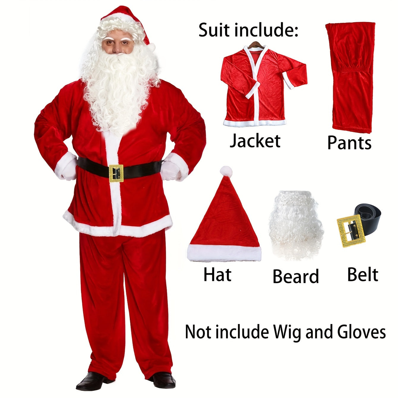 Stylish Santa Claus Costume 5-Piece Red Coat Trousers Hat Beard for Holiday Dress Up