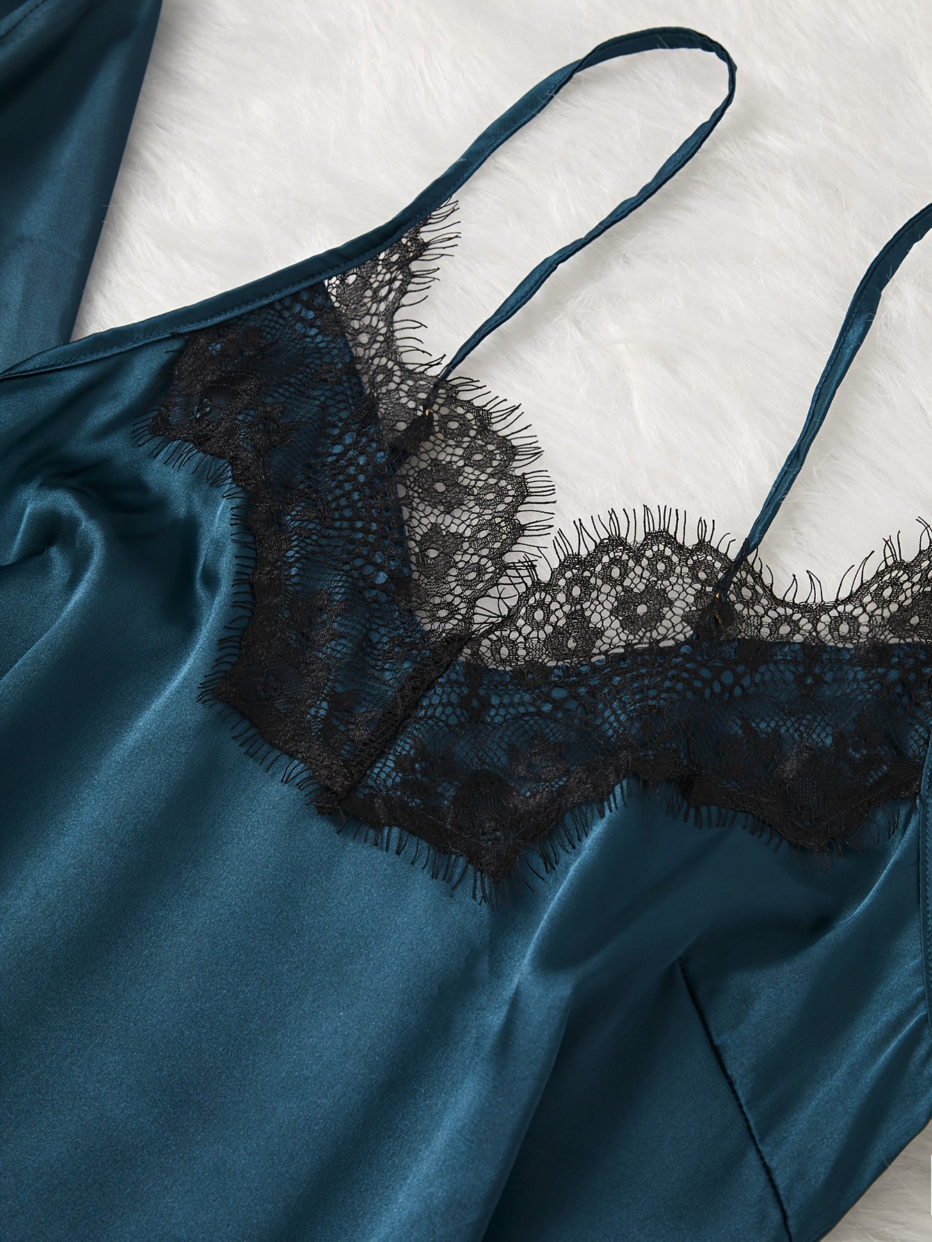 Color Contrast Lace Pajama Set for Women Satin Long Sleeve Fall Winter Elegant Micro Elasticity