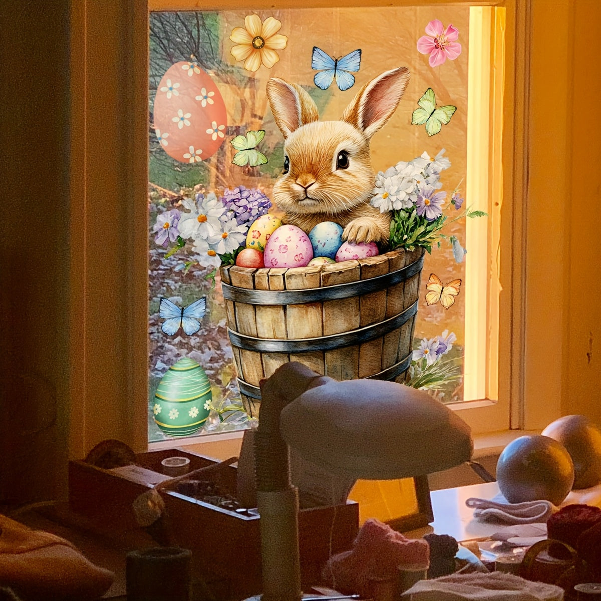 Easter Bunny Wall Decal 30x30cm Colorful Eggs Flowers Butterflies PVC Sticker
