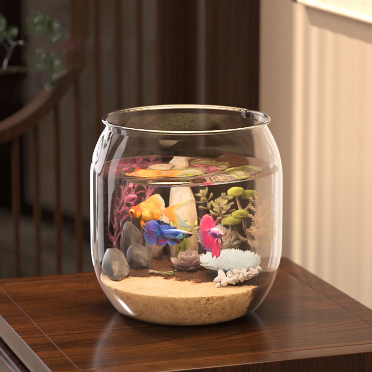 Acrylic Fish Tank Large Capacity Shatterproof for Goldfish and Turtles with Micro Landscape