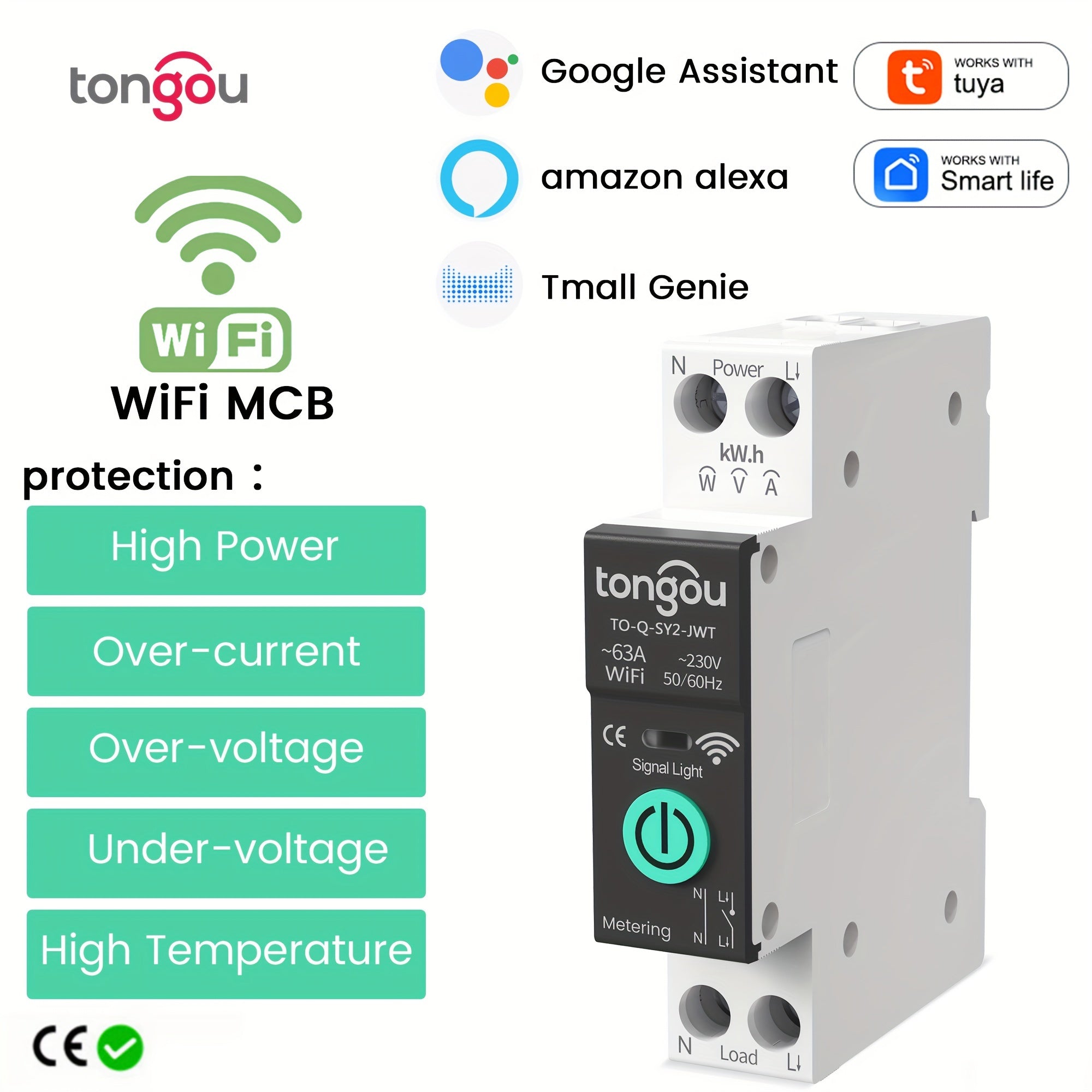 Tongou Smart WiFi MCB avtomatik o'chirgichi 1-63A ga moslashtiriladigan, ortiqcha oqim va past voltajdan himoya, quvvat ko'rsatkichini, Tuya/SmartLife ilovalari orqali masofadan boshqarish, Amazon bilan ovozli boshqaruv xususiyatlariga ega.