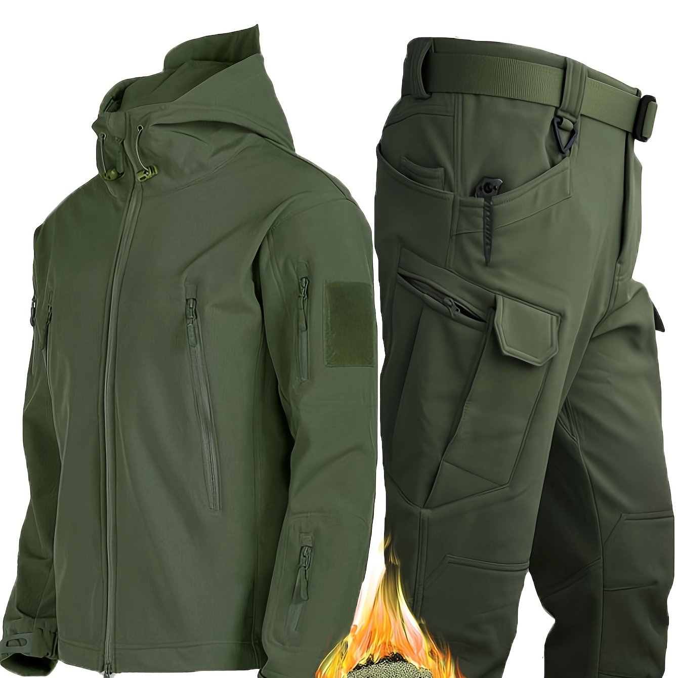 Men's Winter Outdoor Fleece Hooded Jacket and Pants Set with Pockets for Hiking Sports and Casual Wear