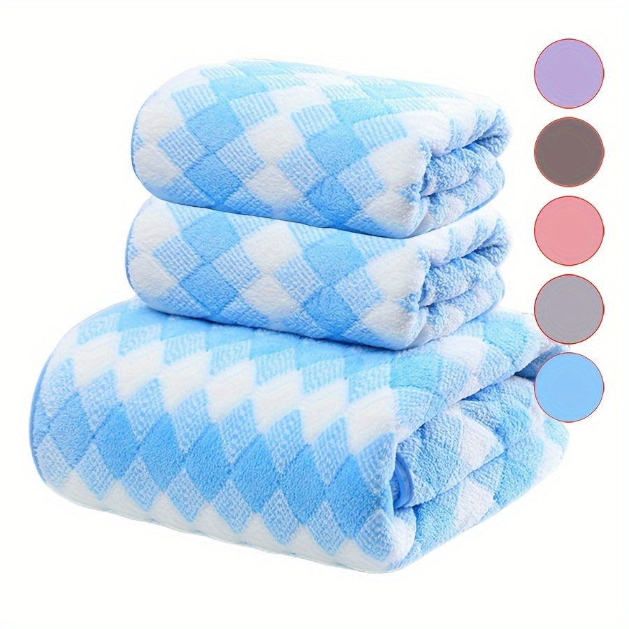 Plaid Pattern Towel Set Coral Velvet 2 Bath Towels 1 Hand Towel Absorbent