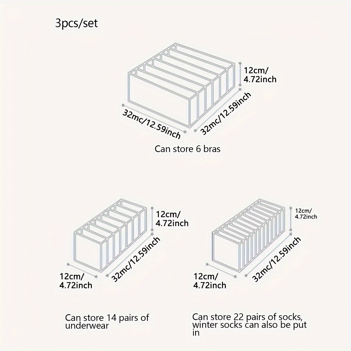 Juego de 3 cajas de almacenamiento plegables de tela para ropa y ropa de cama con compartimentos