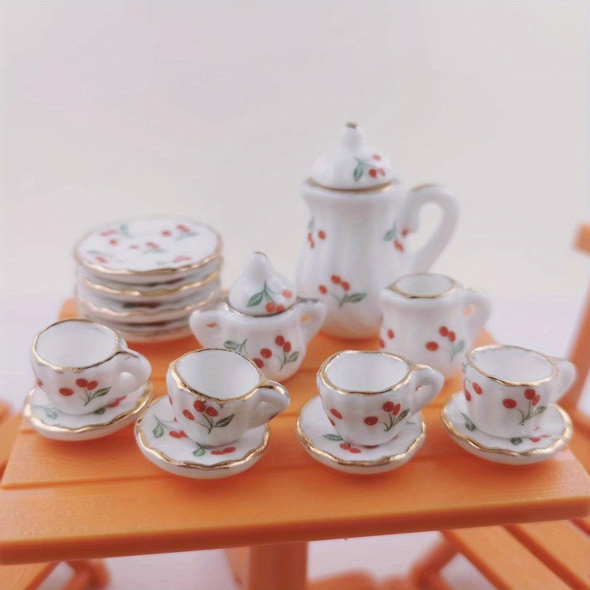 Miniature Chinese Tea Set 15 Pieces 1:12 Scale Ceramic Dollhouse Accessories Floral Pattern