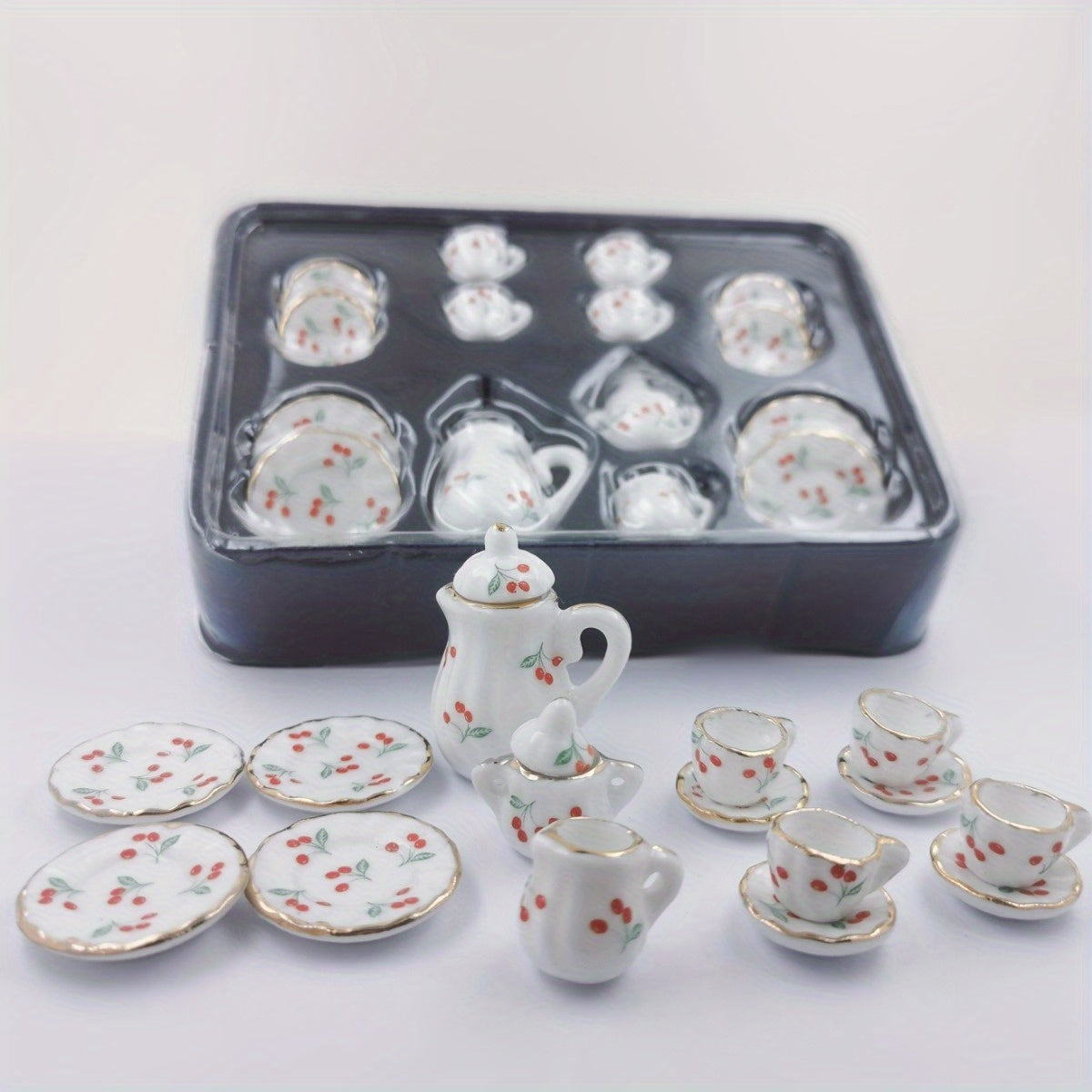 Miniature Chinese Tea Set 15 Pieces 1:12 Scale Ceramic Dollhouse Accessories Floral Pattern