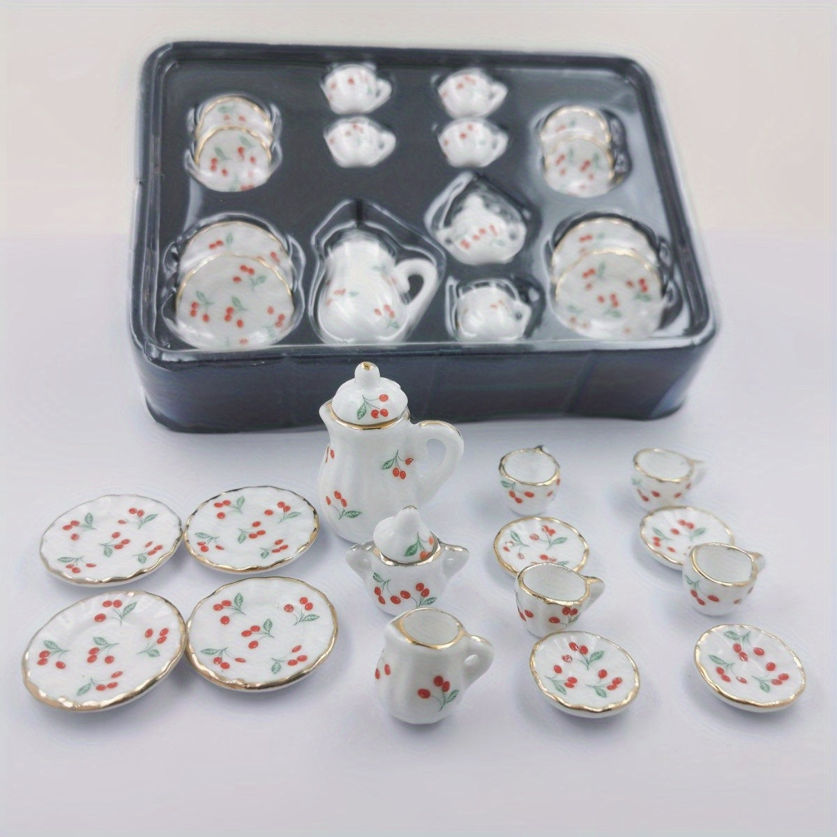 Miniature Chinese Tea Set 15 Pieces 1:12 Scale Ceramic Dollhouse Accessories Floral Pattern