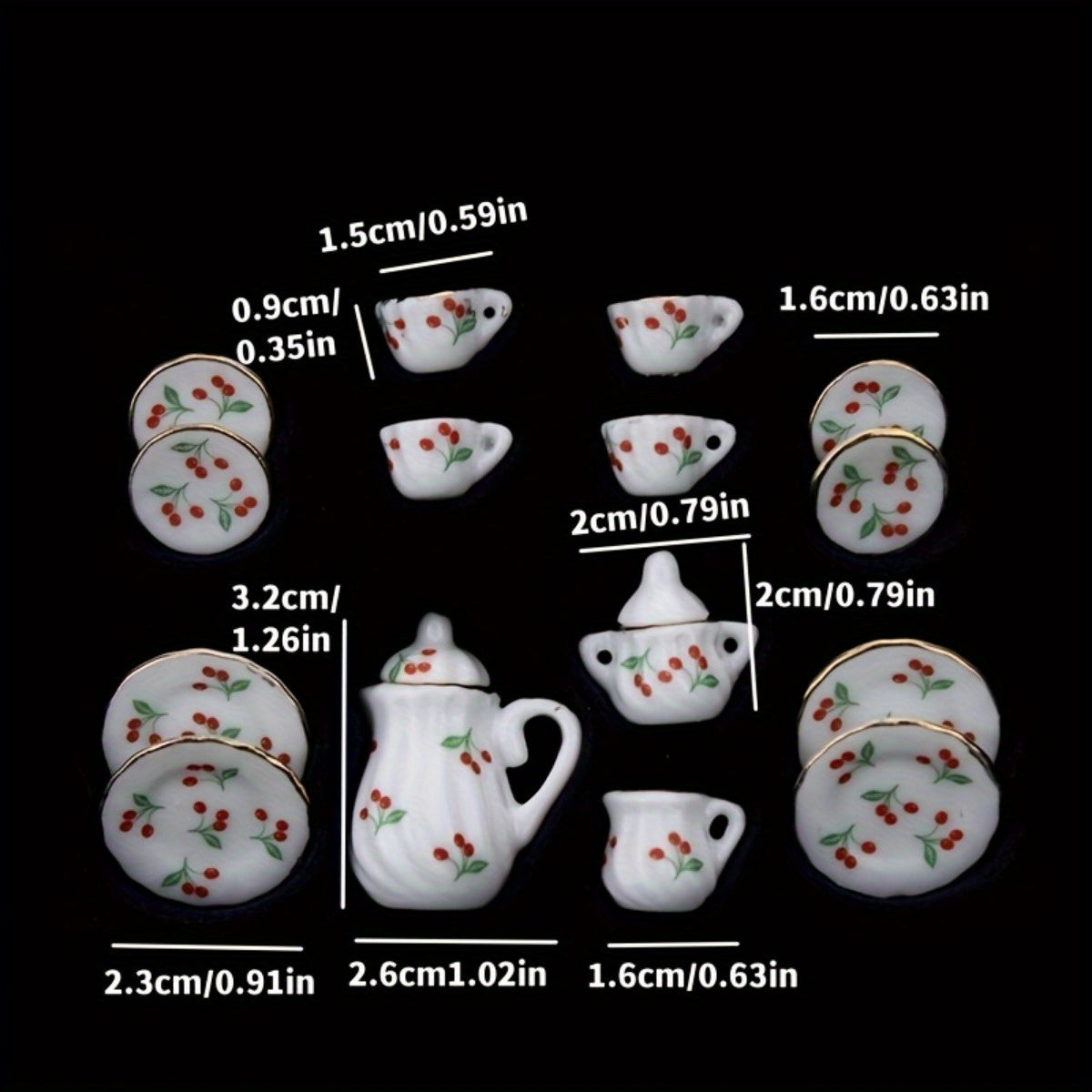 Miniature Chinese Tea Set 15 Pieces 1:12 Scale Ceramic Dollhouse Accessories Floral Pattern