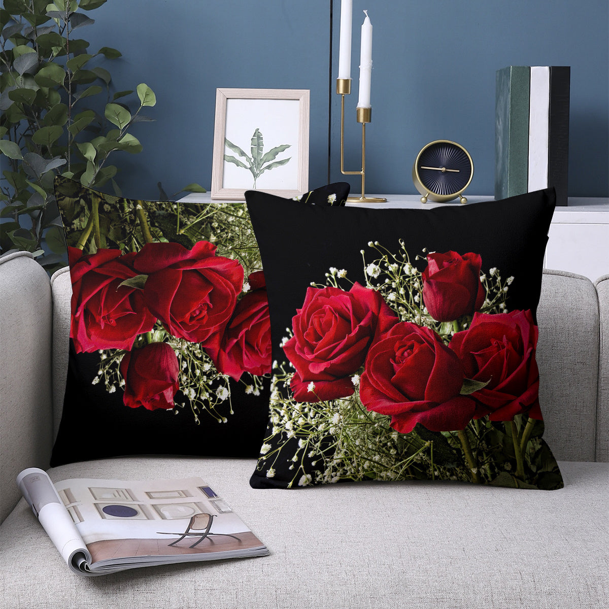 Two-Piece Plush Pillow Covers Rose Design Reversible 45.72cm Sofa Bedroom Decor