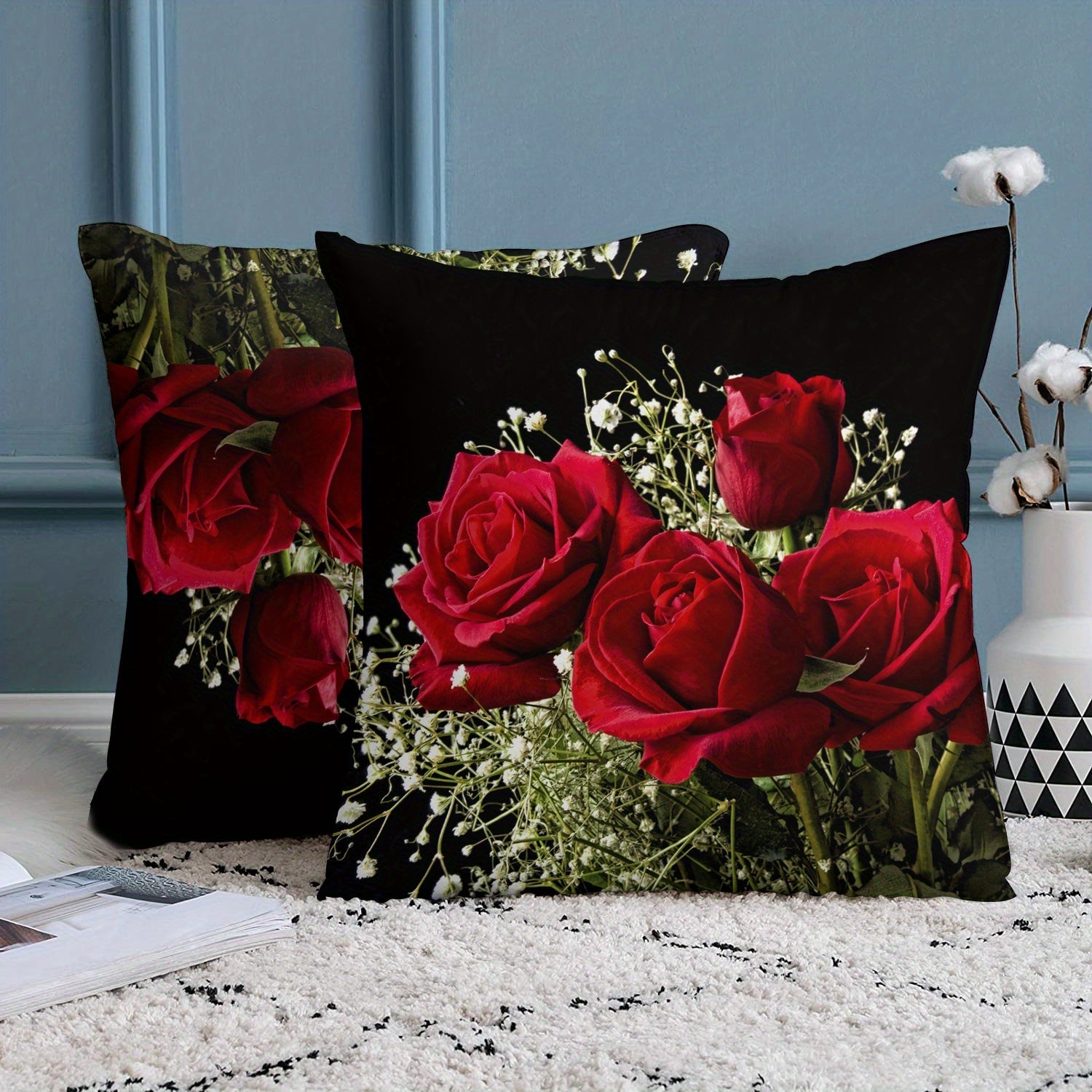 Two-Piece Plush Pillow Covers Rose Design Reversible 45.72cm Sofa Bedroom Decor