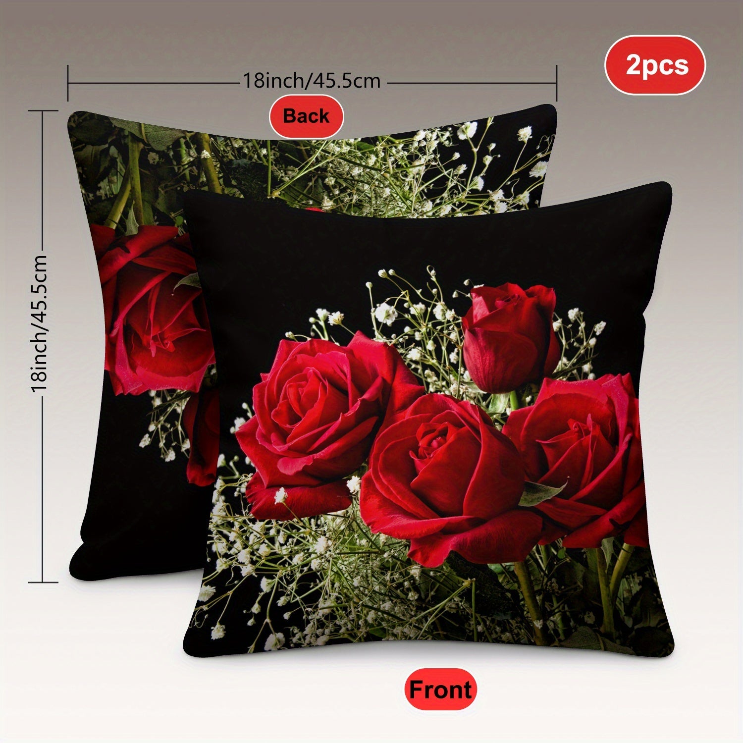 Two-Piece Plush Pillow Covers Rose Design Reversible 45.72cm Sofa Bedroom Decor