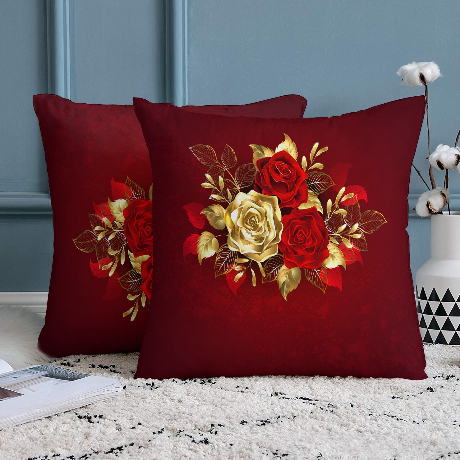 Two-Piece Plush Pillow Covers Rose Design Reversible 45.72cm Sofa Bedroom Decor