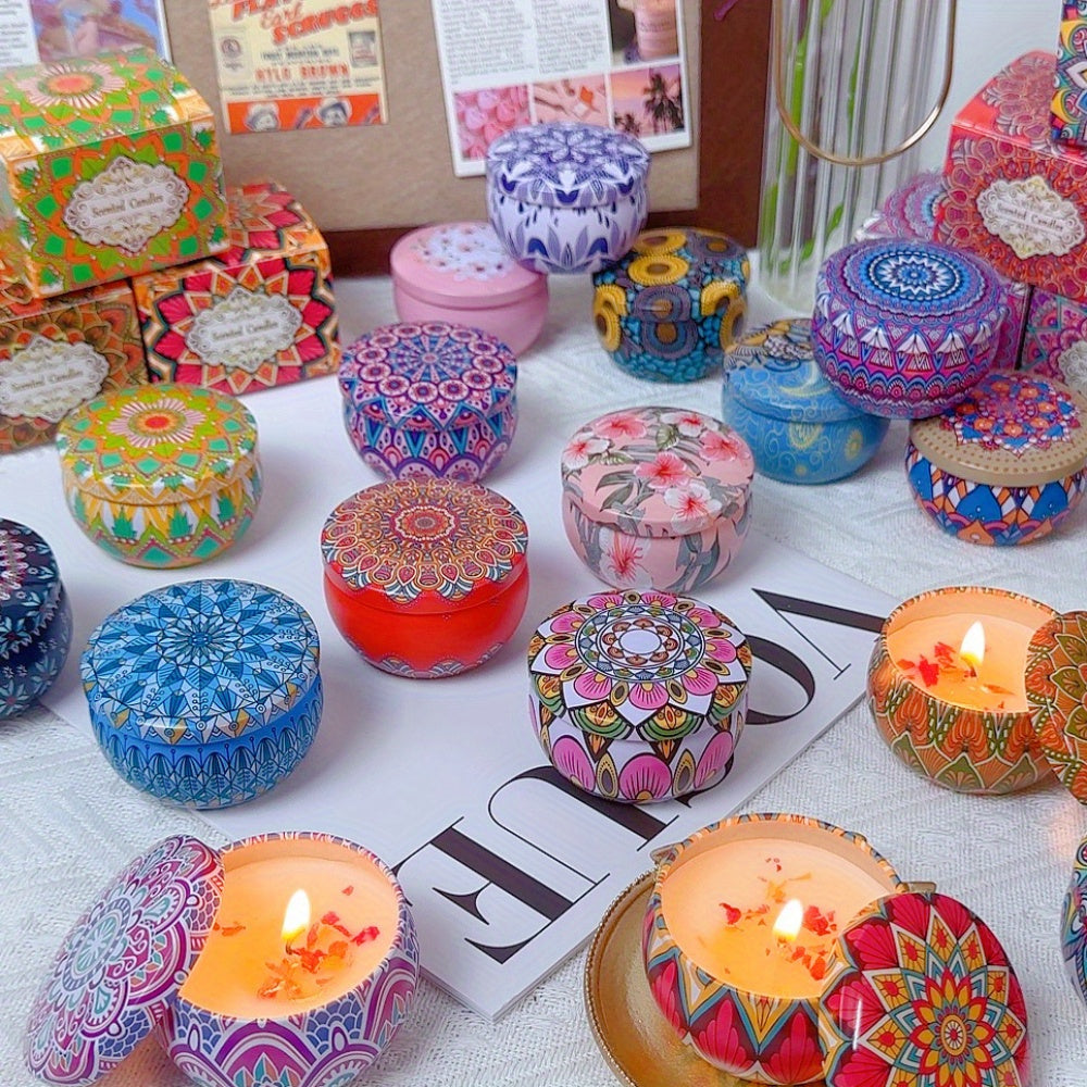 Nikohlar va bayramlar uchun quruq gullar va Mandala naqshlari bilan temir bankadagi aromaterapiya shamisi