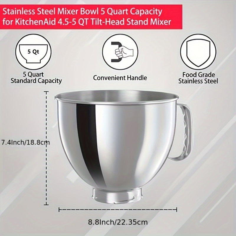 Stainless Steel Mixer Bowl for Stand Mixers 4.5-5 Qt with Handle