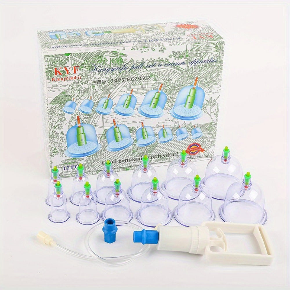 12-Piece Plastic Cupping Therapy Set with Manual Pump and Extension Tube