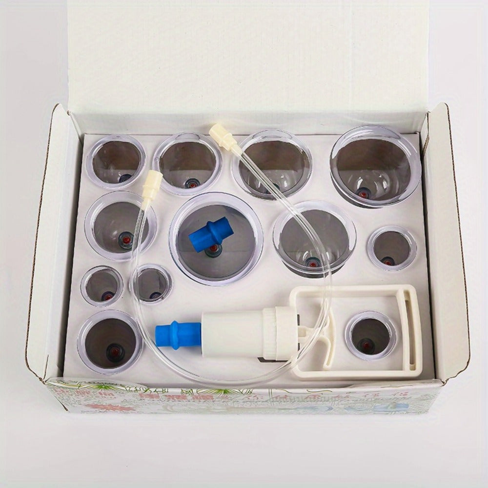 12-Piece Plastic Cupping Therapy Set with Manual Pump and Extension Tube