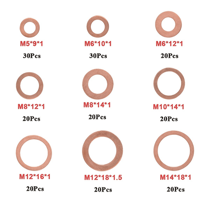 200pcs Copper Washer Gasket Set Assorted Flat Ring Seal Kit for Auto Repairs