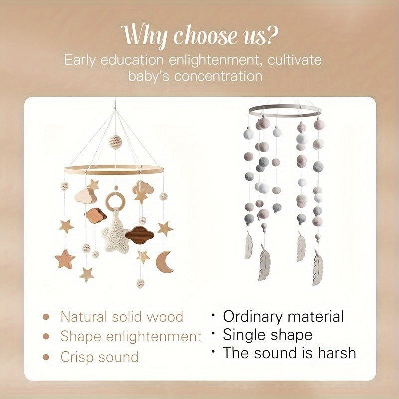 Yulduzlar bilan qo'l bilan to'qilgan yog'och to'siq qo'ng'irog'i, bolalar to'sig'i yoki aravachalar uchun mukammal.