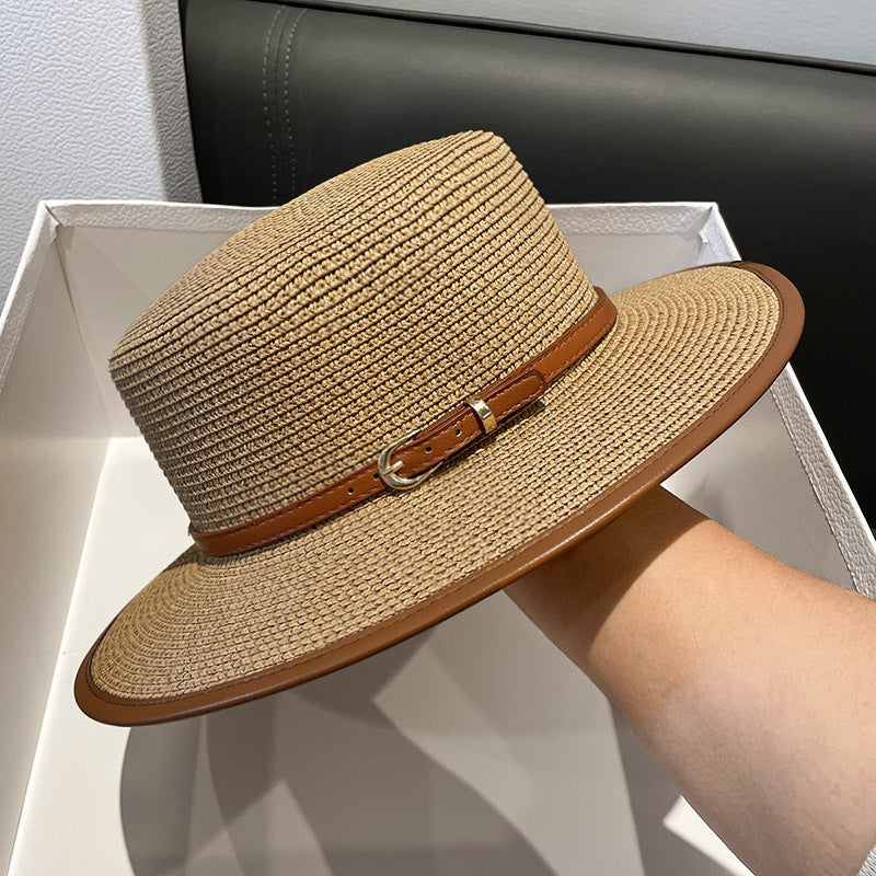 Women's Straw Sun Hat with Wide Brim and Brown Belt for Sun Protection