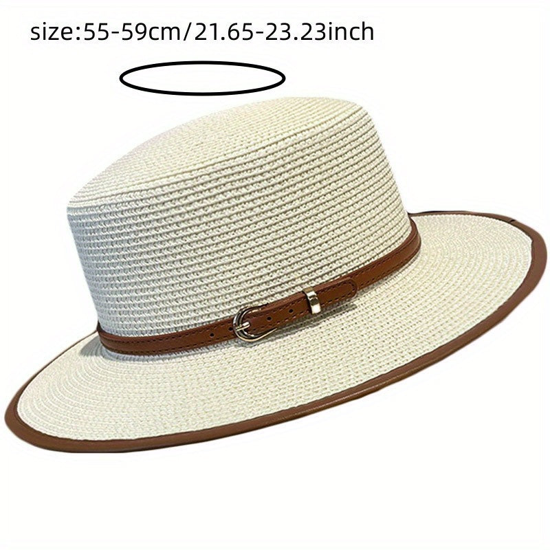 Women's Straw Sun Hat with Wide Brim and Brown Belt for Sun Protection