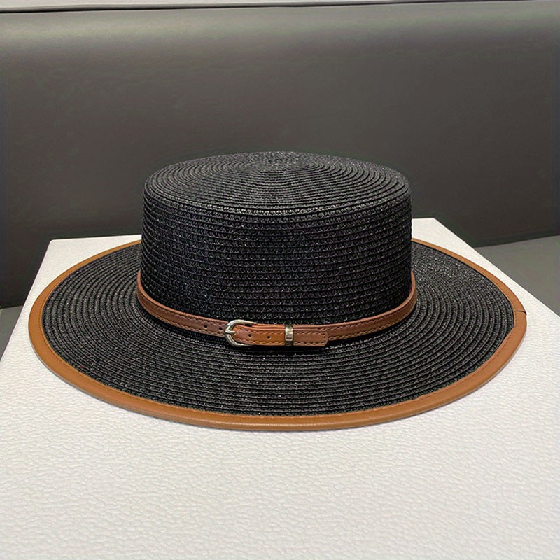 Women's Straw Sun Hat with Wide Brim and Brown Belt for Sun Protection