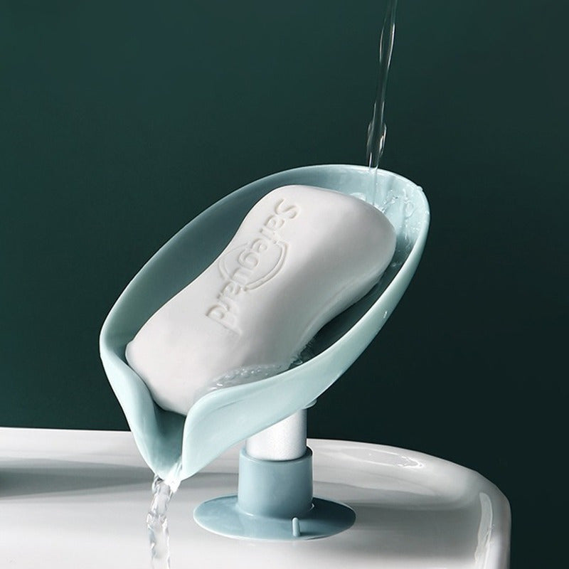 Jabonera con forma de hoja con bandeja auto-drenante para almacenamiento en baño