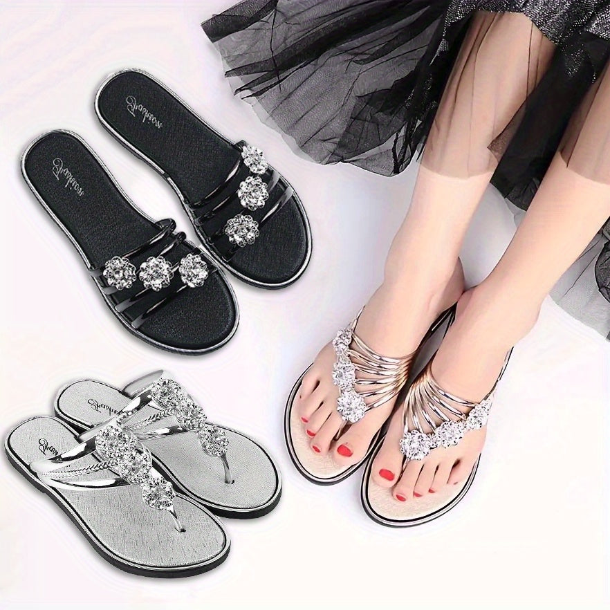 Ayollar uchun rhinestone gulli bezakli tek sandalki yozgi plyaj slaydlari ochiq barmoqli