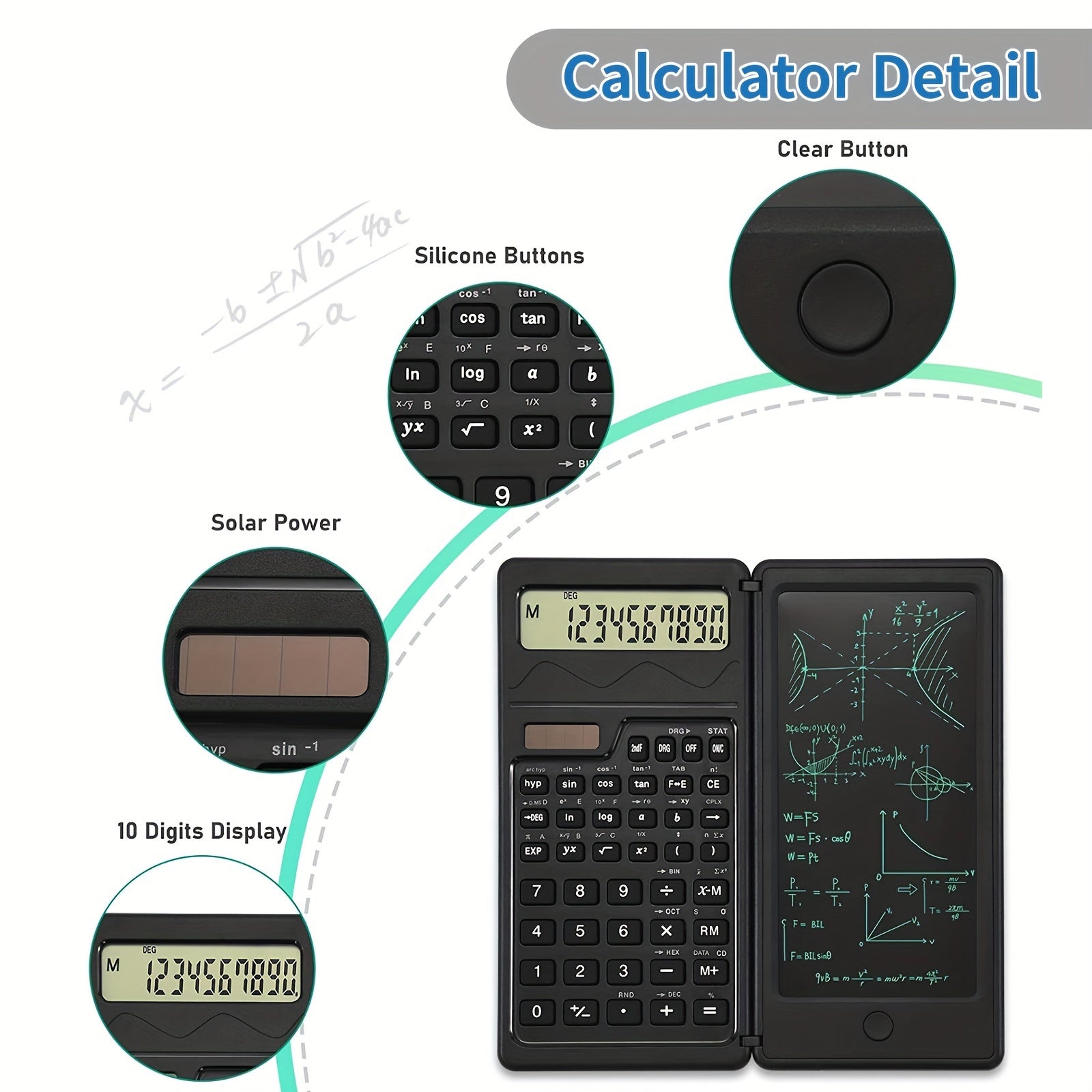 10-Digit LCD Display Folding Scientific Calculator with Handwriting Board Dual Power for Teachers and Engineers