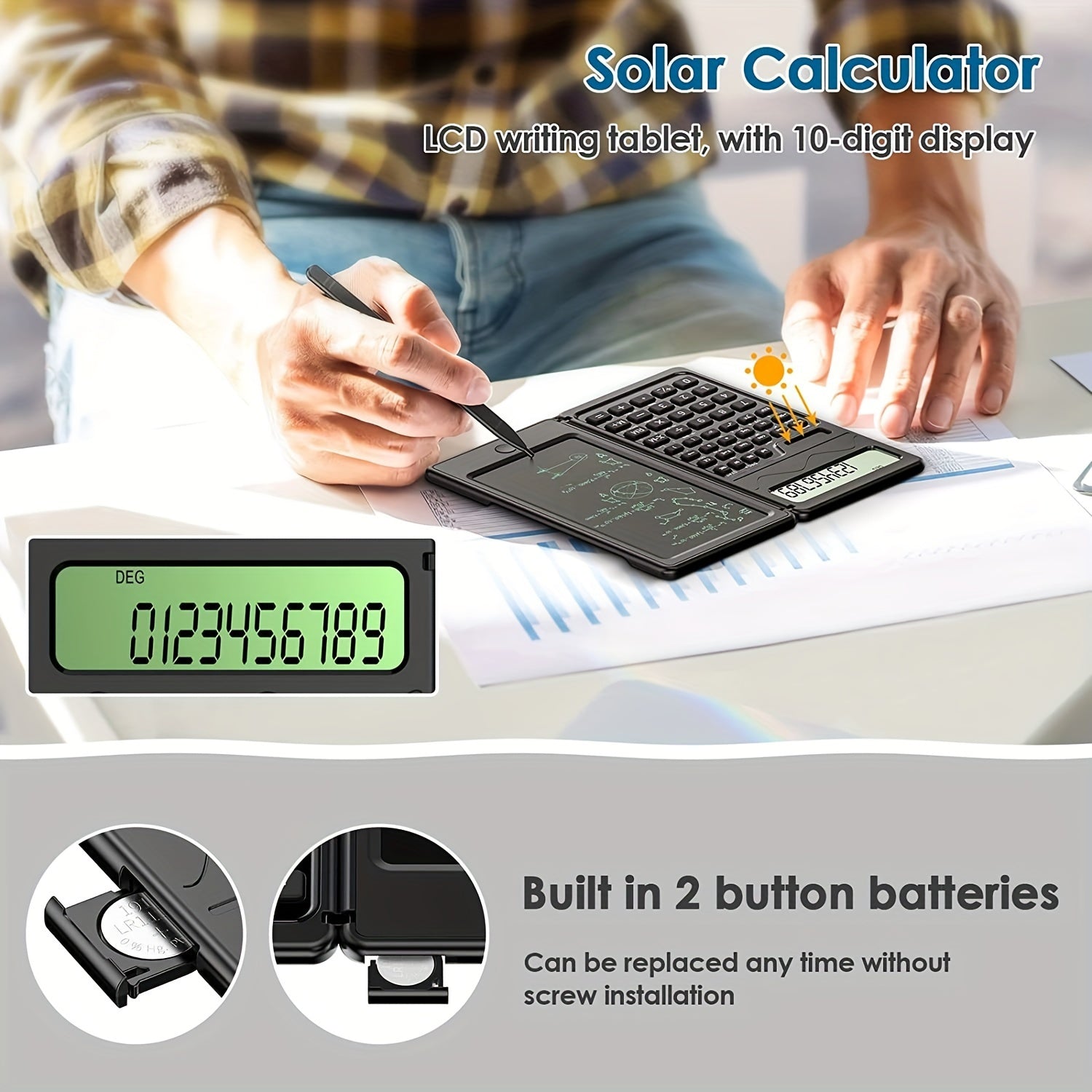 10-Digit LCD Display Folding Scientific Calculator with Handwriting Board Dual Power for Teachers and Engineers