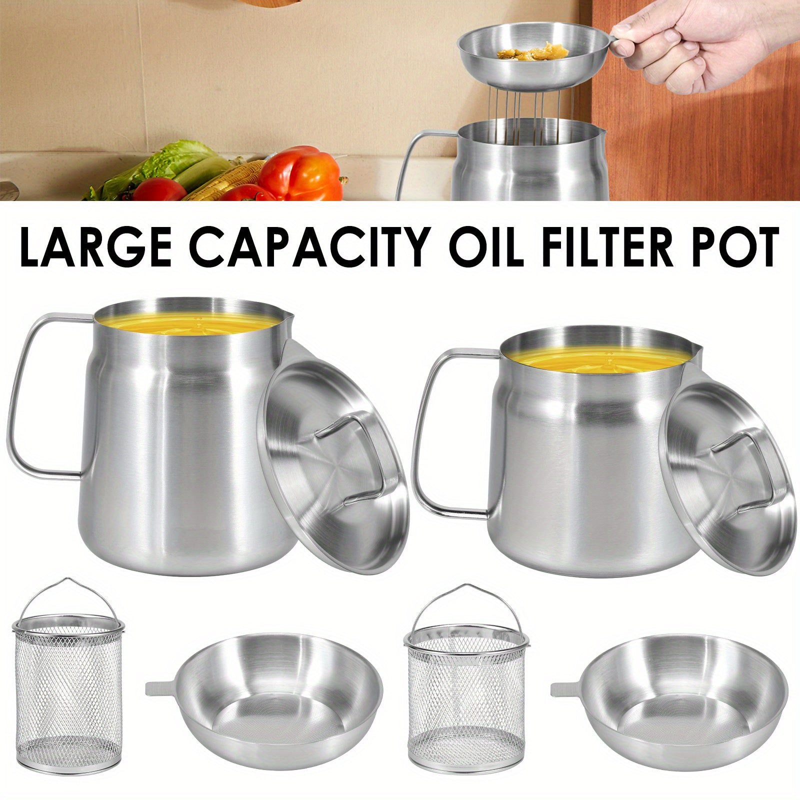 Stainless Steel Oil Strainer Pot 1.5L 2L with Filter Lid and Frying Basket