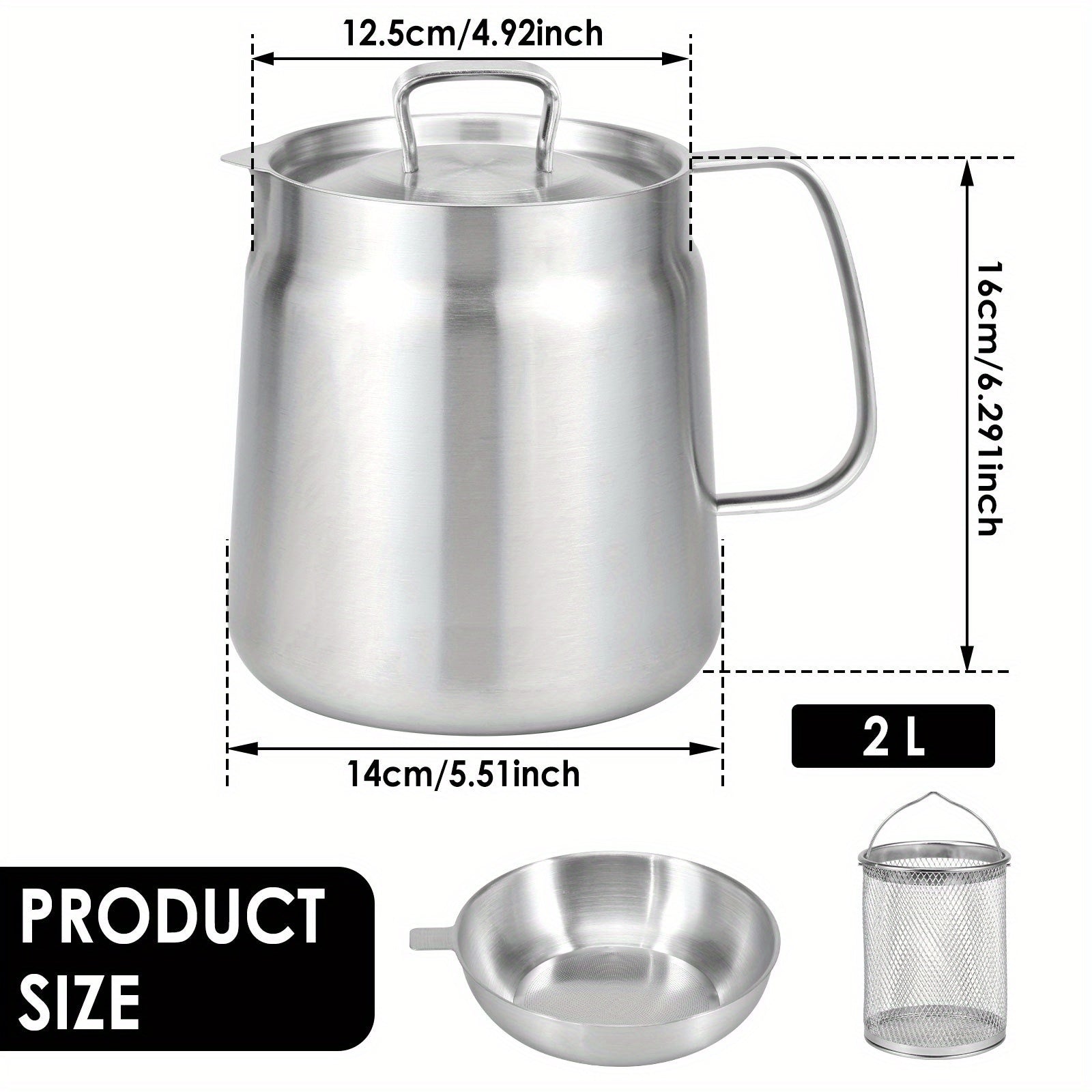 Naychali po'latdan yasalgan moy filtrli qozon, 1.5L/2L sig'im - BPA-siz, qulay pishirish moyini saqlash uchun oson quyish quvuriga va tutqichga ega.