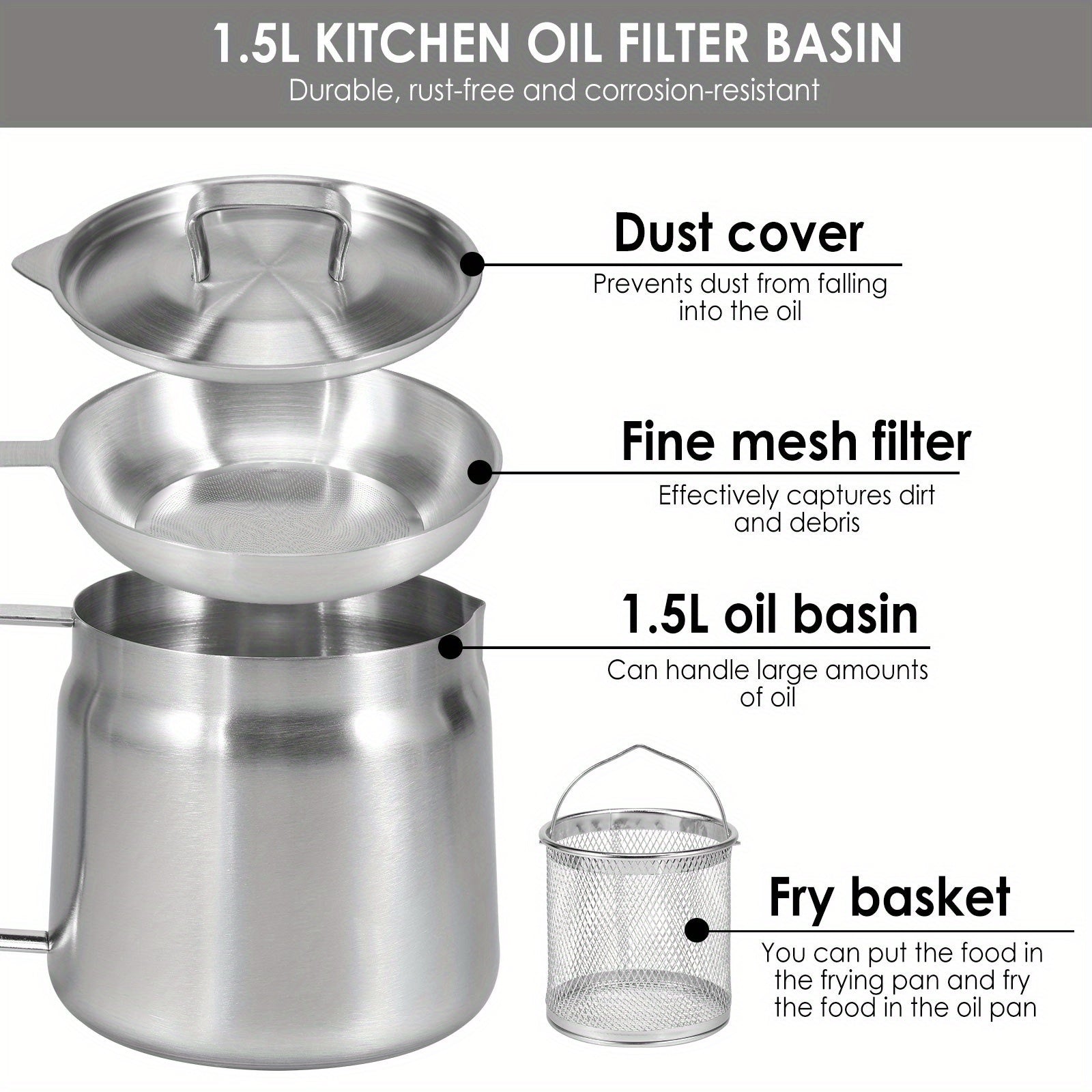 Naychali po'latdan yasalgan moy filtrli qozon, 1.5L/2L sig'im - BPA-siz, qulay pishirish moyini saqlash uchun oson quyish quvuriga va tutqichga ega.