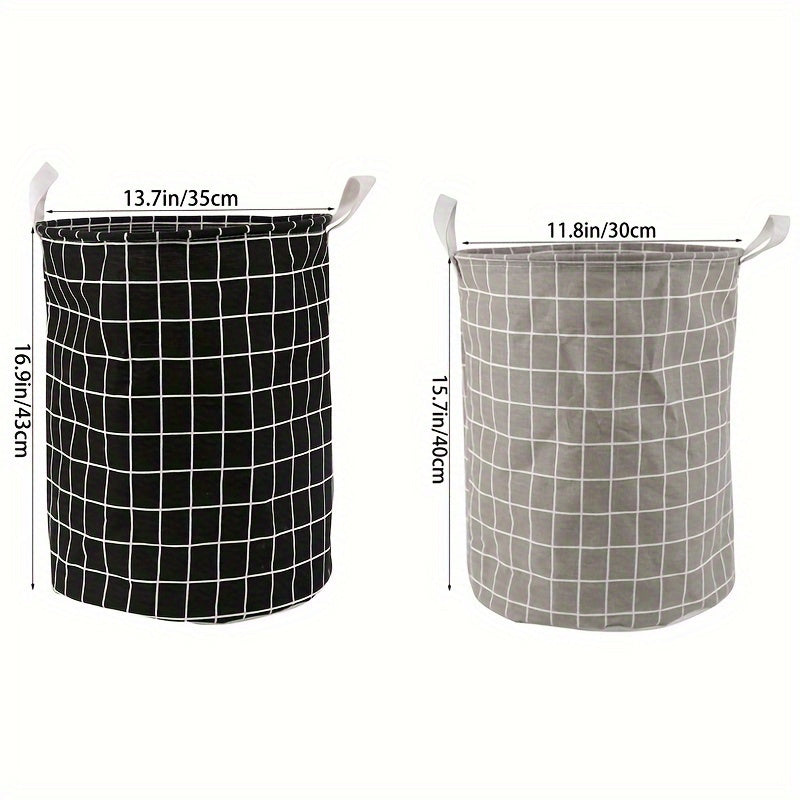 Large Round Laundry Basket with Handles Black and White Grid Gray Lines