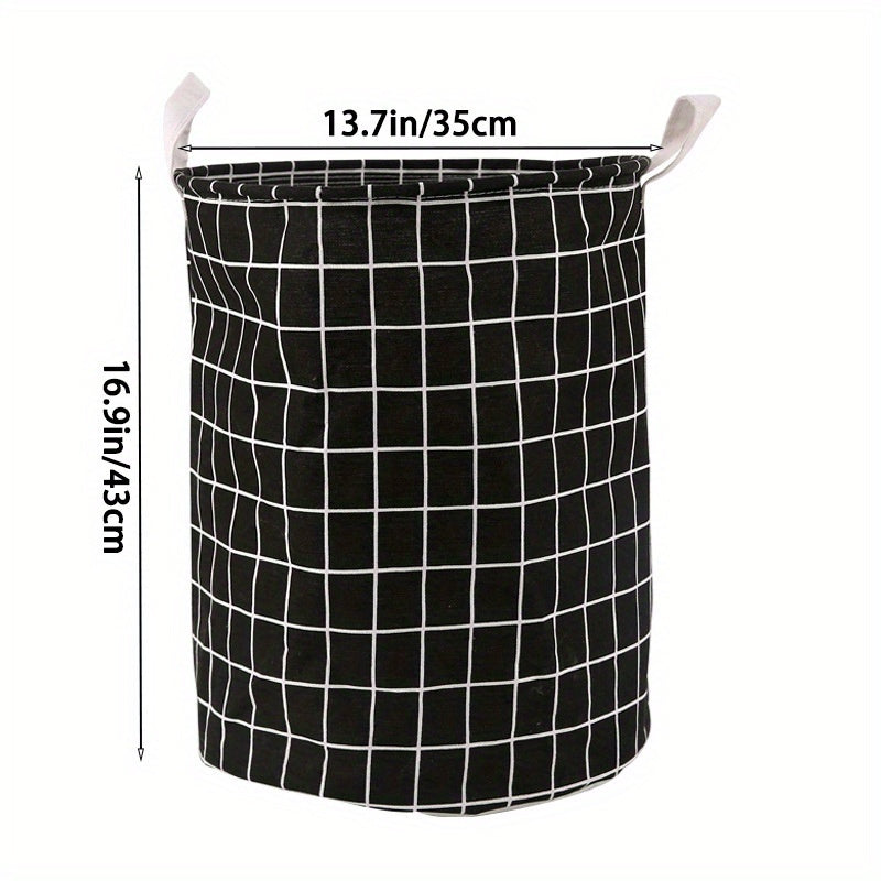 Large Round Laundry Basket with Handles Black and White Grid Gray Lines