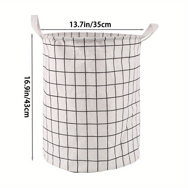 Large Round Laundry Basket with Handles Black and White Grid Gray Lines