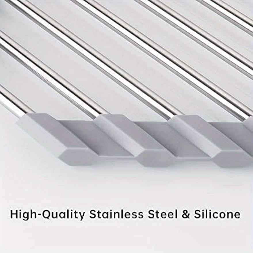Grey Stainless Steel Foldable Dish Rack for Sink Corners with Drainage and Storage
