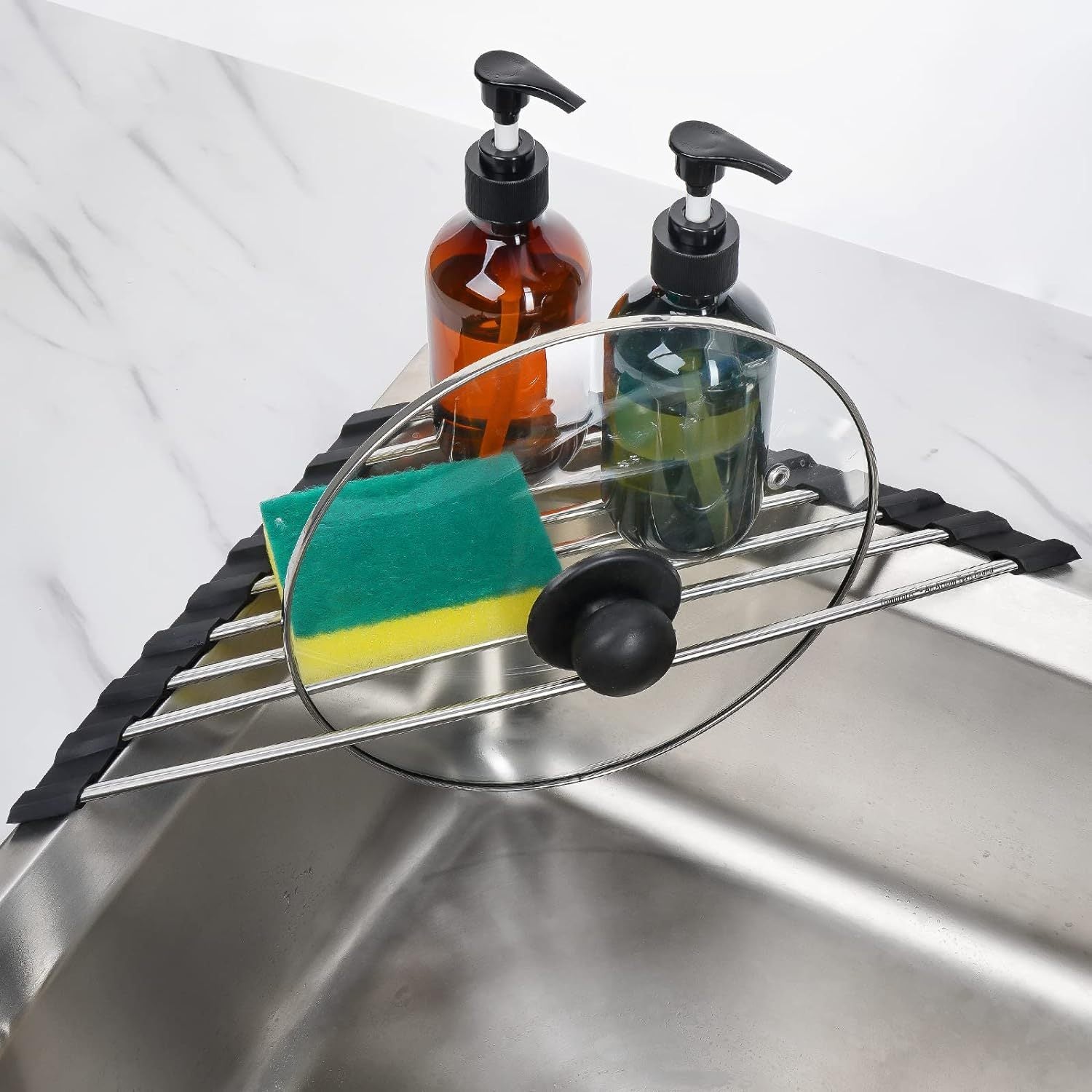 Grey Stainless Steel Foldable Dish Rack for Sink Corners with Drainage and Storage