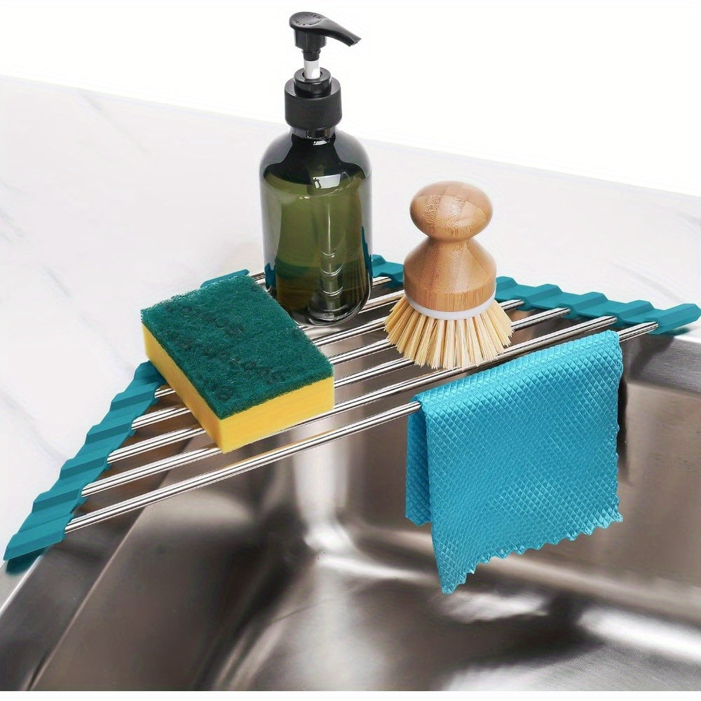 Grey Stainless Steel Foldable Dish Rack for Sink Corners with Drainage and Storage