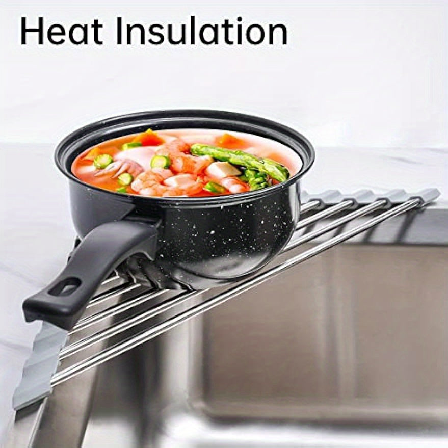 Grey Stainless Steel Foldable Dish Rack for Sink Corners with Drainage and Storage