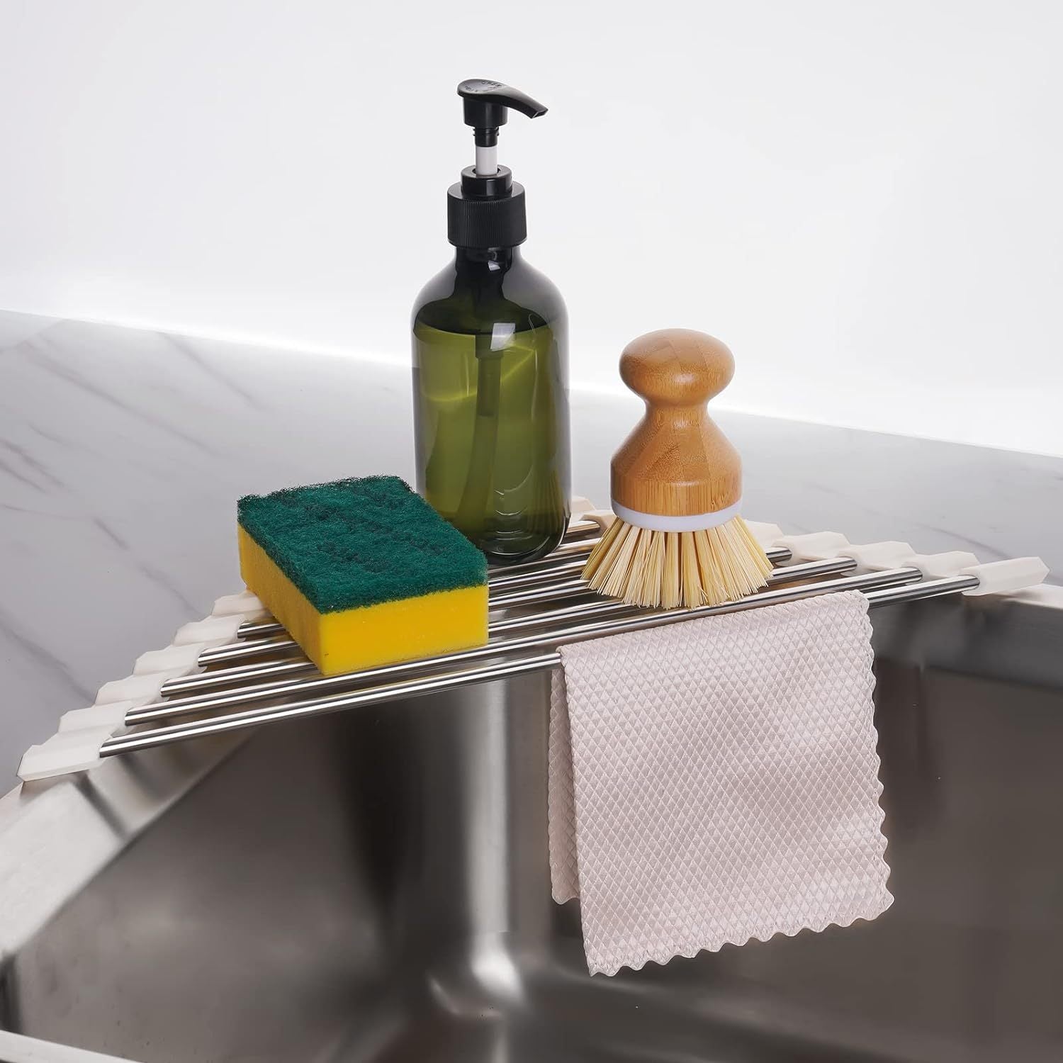 Grey Stainless Steel Foldable Dish Rack for Sink Corners with Drainage and Storage