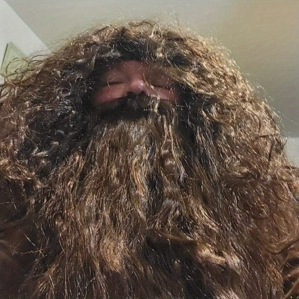 Halloween yoki Otalar kuni uchun to'plam, jigarrang sehrgar soqol va soch to'plami bilan, kostyumga bir oz hazil qo'shadi.