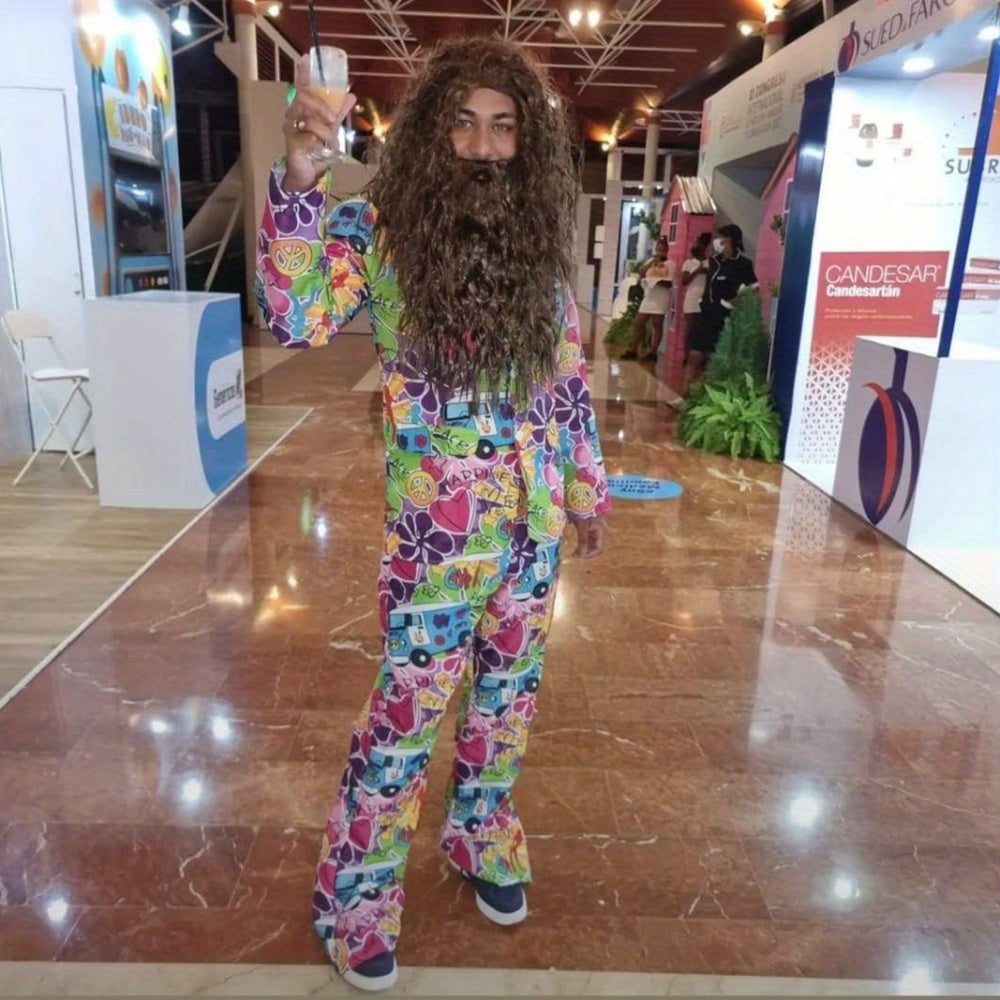 Halloween yoki Otalar kuni uchun to'plam, jigarrang sehrgar soqol va soch to'plami bilan, kostyumga bir oz hazil qo'shadi.