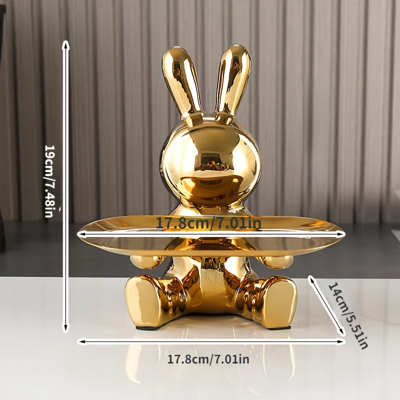 Ceramic Bear Figurine with Metal Tray Modern Home Decor Key Organizer