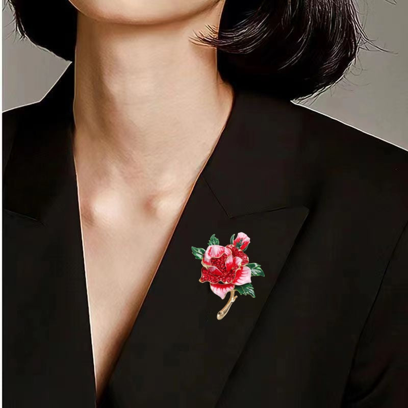 Red Rhinestone Rose Brooch Floral Design Elegant Jewelry for Women